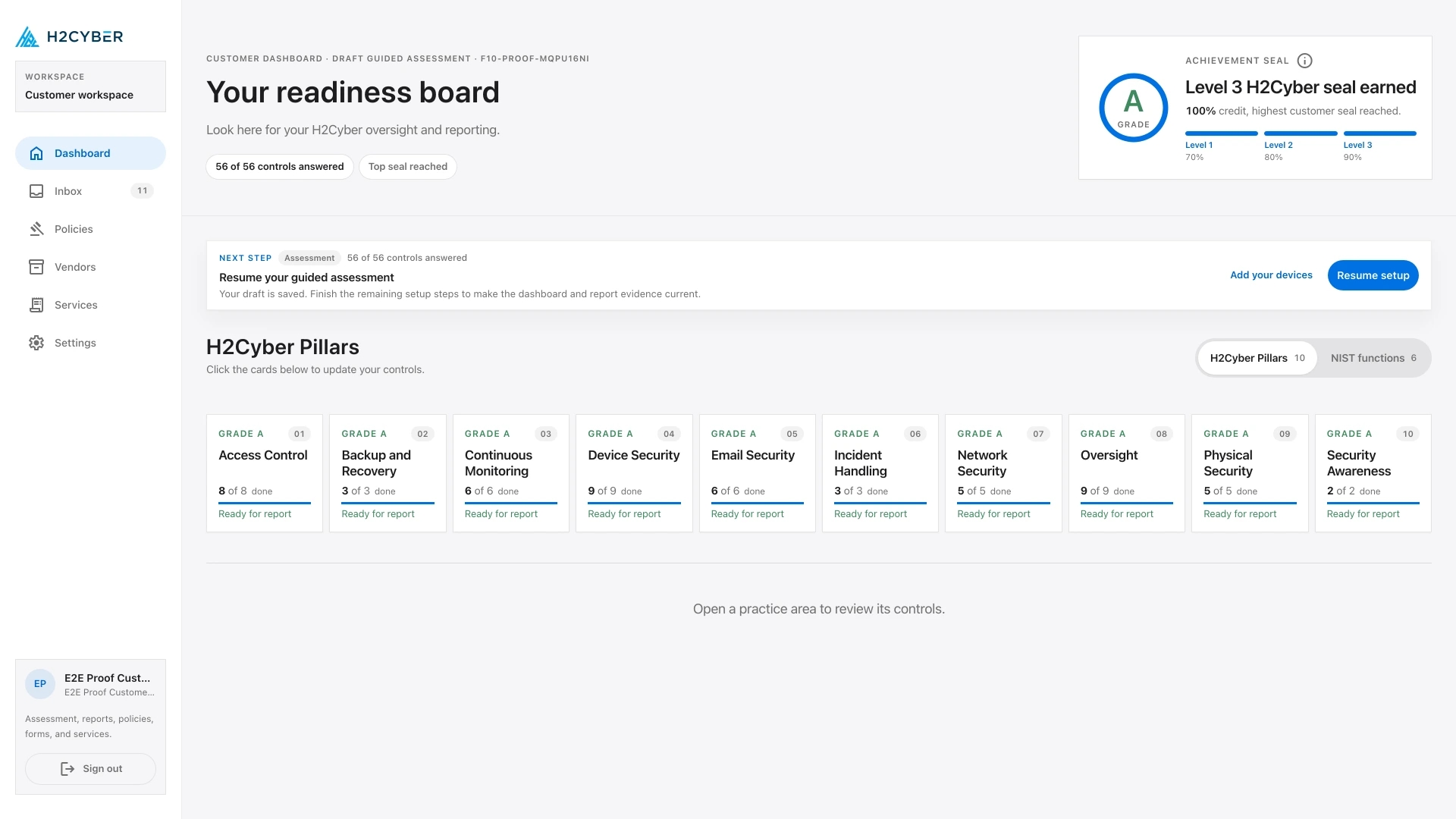 H2Cyber customer dashboard showing a letter grade and the three pillar scores