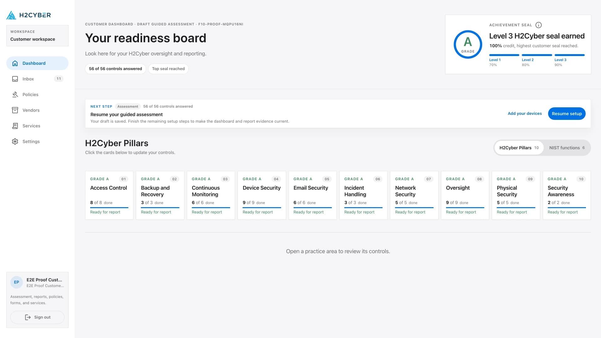 H2Cyber customer dashboard showing a letter grade and the three pillar scores